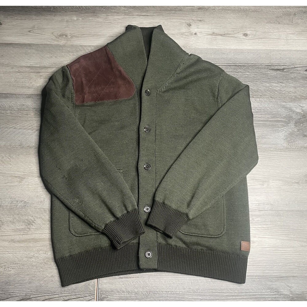 Orvis Heritage Field Shooting Cardigan Sweater Green Suede Shoulder Patch US L